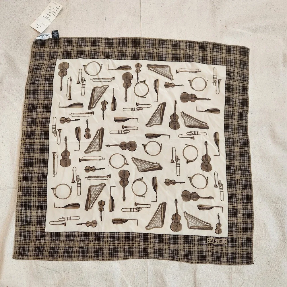 New Carlisle Silk Scarf Musical Instruments Print Plaid Brown Italy Vintage Nwt